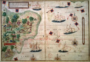 Hydrografisk kart over Brasil - Manuskript belyst "" Portuguese Nautical Atlas"" av kartograf Loppo Homem 1519 Paris. BN - Hydrografisk kart over Brasil - Fra det opplyste manuskriptet "" English nautical Atlas"" av  av Lopo Homem