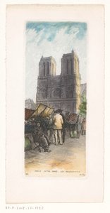Utsikt over Notre-Dame i Paris med bokhandlere i forgrunnen Paris Notre Dame les bouquinistes (tittel på objekt) av Léopold Robin