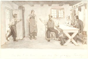 En bonde som har gjester kaller sønnen inn av Lorenz Frølich