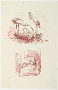 F.o.: Stork. F.n.: Sittende kvinne med en frosk på fanget av Lorenz Frølich