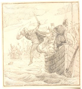 Olaf Tryggvesen hopper over bord under slaget ved Svolder av Lorenz Frølich