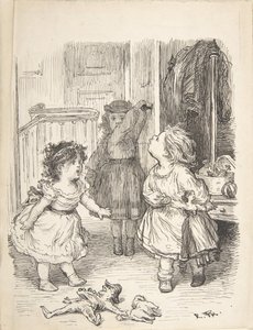 Tre små jenter i et rom som krangler og spytter, 1835-1903.
