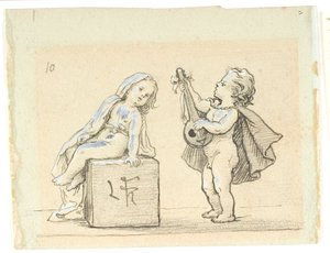 Vignett med gutt som spiller mandolin for en jente av Lorenz Frølich