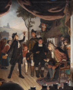 Ludvig Holberg deltar på en repetisjon av hans skuespill Erasmus Montanus, akt IV, scene 2 av Lorenz Frølich