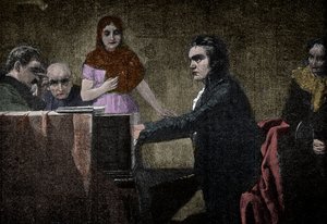 Ludwig van Beethoven spiller Moonlight-sonaten - gravering etter Lorenz Vogel - Ludwig van Beethoven (1770-1827), tysk musiker, spiller sonaten i UT-moll (Moonlight - Moonlight) etter maleriet av Lorenz Vogel (1846-1902) av Lorenz Vogel