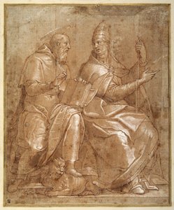 St Hieronymus i samtale med St Gregory the Great (penn og brunt blekk med rødbrun vask og forhøyning) av Lorenzo (c.1530 76) Sabatini