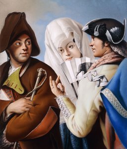En gentleman i en frygisk panser blir tiltalt av en gentleman i en gul frakk og svart tricorn lue med en dame i en blå brokadekjole og hvit mantilla,