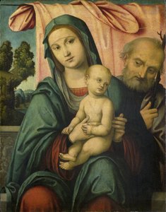 Den hellige familie av Lorenzo Costa (attributed to)