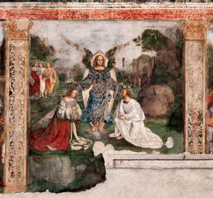 Livet til St. Cecilia: helgenen og St. Valerian kronet av en engel (Fresco av Lorenzo Costa