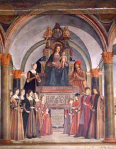 Madonna og barn med engler, av Lorenzo Costa (ca 1537-1583), Bentivoglio kapell i kirken San Giacomo Maggiore, Bologna, Italia av Lorenzo Costa
