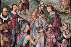 Saint Cecilia gir eiendelene sine til de fattige, detalj (fresco av Lorenzo Costa