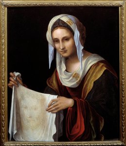 Sankt Veronica. Det hellige slør representerer ansiktet til Kristus hvis svette Veronique ble sagt å ha vært svett under klatringen til Golgata. Maleri av Lorenzo Costa (1460-1535) Søn. 0,64x0,54 m