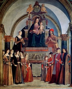 The Virgin of the Bentivoglio Virgin har barnet omgitt av medlemmer av Bentivoglio-familien. Maleri av Lorenzo Costa (1460-1535) 1488 Bologna, San Giacomo Maggiore-kirken av Lorenzo Costa