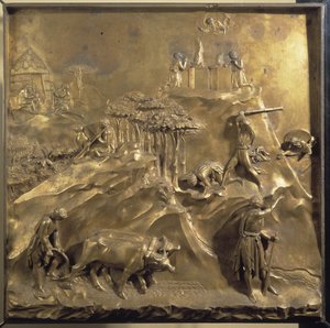 Livet til Kain og Abel: offeret, drapet på Abel og Gud som forviser Kain. Originalt panel av døren til Paradise av Lorenzo Ghiberti