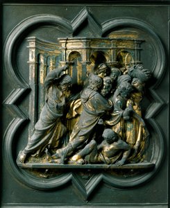 North Gate (kalt Gate of the Cross, i nord), ytre detalj: "" Jesus jager kjøpmenn fra tempelet""" Bronseskulptur laget av Lorenzo Ghiberti (1378-1455) av Lorenzo Ghiberti