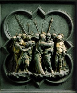 North Gate (kalt Gate of the Cross, i nord), utvendig detalj: "" The Kiss of Judas"" Bronseskulptur laget av Lorenzo Ghiberti (1378-1455) av Lorenzo Ghiberti