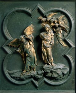 North Gate (kalt Gate of the Cross, i nord), ytre detalj: "" Kristi fristelse"" Bronseskulptur laget av Lorenzo Ghiberti (1378-1455) av Lorenzo Ghiberti