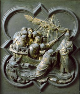 North Gate (kalt Gate of the Cross, mot nord), ytre detalj: Kristus går på vannet. Bronseskulptur laget av Lorenzo Ghiberti (1378-1455) av Lorenzo Ghiberti