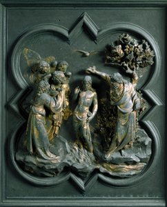 North Porte (kalt Gate of the Cross, i nord), utvendig detalj: "" Kristi dåp"" Bronseskulptur laget av Lorenzo Ghiberti (1378-1455) av Lorenzo Ghiberti