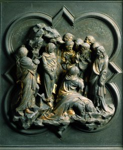 North Porte (kalt Gate of the Cross, i nord), eksteriørdetalj: "" Resurrection of Lazarus""" Bronseskulptur laget av Lorenzo Ghiberti (1378-1455) av Lorenzo Ghiberti