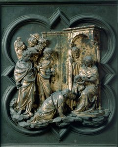 North Porte (kalt Gate of the Cross, mot nord), utvendig detalj: Adoration of the Magi. Bronseskulptur laget av Lorenzo Ghiberti (1378-1455) av Lorenzo Ghiberti