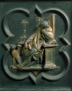 North Porte (kalt Gate of the Cross, mot nord), utvendig detalj: Saint John Evangelist. Bronseskulptur laget av Lorenzo Ghiberti (1378-1455) av Lorenzo Ghiberti