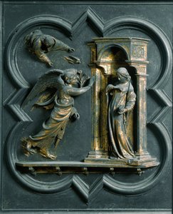 North Porte (kalt Gate of the Cross, mot nord), utvendig detalj: Bebudelsen. Bronseskulptur laget av Lorenzo Ghiberti (1378-1455) av Lorenzo Ghiberti