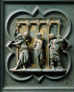 North Porte (kalt Porte de la Croix, i nord), eksteriørdetalj: "" la flagellation"" Bronseskulptur laget av Lorenzo Ghiberti (1378-1455) av Lorenzo Ghiberti