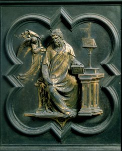 North Porte (kalt Porte de la Croix, mot nord), utvendig detalj: Saint Mathieu. Bronseskulptur laget av Lorenzo Ghiberti (1378-1455) av Lorenzo Ghiberti