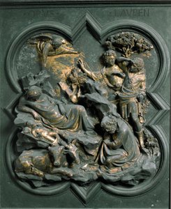 North Porte (kalt Porte de la Croix, mot nord), utvendig detalj: Nativitten. Bronseskulptur laget av Lorenzo Ghiberti (1378-1455) av Lorenzo Ghiberti