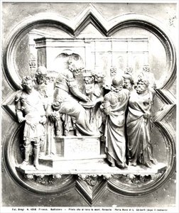 Pontius Pilatus vasker hendene, relieff fra dåpsdørene, ca. 1403 (forgylt bronse) (s/hvitt foto) av Lorenzo Ghiberti