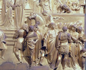 Møtet mellom kong Salomo og dronningen av Saba, detalj av de tilstedeværende, fra det originale panelet fra østdørene til dåpskapellet, 1425-52 restaurering av forgylt bronsestolpe av Lorenzo Ghiberti