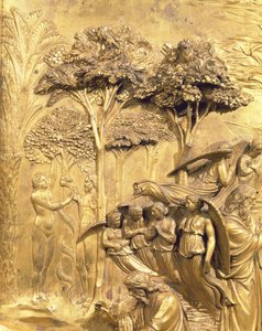The Story of Adam, detalj av The Temptation of Adam and Eva, fra et av de originale panelene fra East Doors of the Baptistery, 1425-52 restaurering av forgylt bronsepost