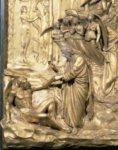 The Story of Adam, detalj av skapelsen av Adam og fristelsen til Adam og Eva, fra et av de originale panelene fra østdørene til dåpskapellet, 1425-52 restaurering av forgylt bronsestolpe