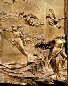 Historien om Adam, detalj om Evas skapelse og utdrivelsen, fra et av de originale panelene fra dåpskapellets østdører av Lorenzo Ghiberti
