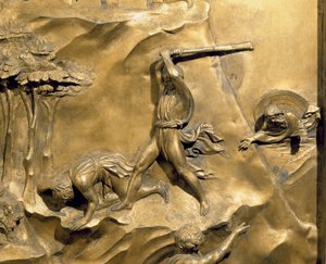 Historien om Kain og Abel, detalj om drapet på Abel, originalt panel fra østdørene til dåpskapellet, restaurering av forgylt bronsestolpe fra 1425-52