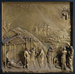 Historien om Noah: utvandringen fra arken, Noahs drukkenskap og hans offer til Gud, ett av ti relieffpaneler fra paradisets porter (østdører), 1425-52 (forgylt bronse) (se også 87652-53