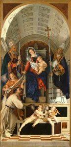 Madonna med barnet og de hellige Dominic, Gregory og Urban, hovedbord til San Domenico altertavle fra Recanati av Lorenzo Lotto (1480 ca- 1556), olje på lerret, 227x108 cm av Lorenzo Lotto