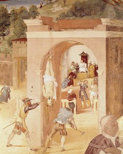 Scener fra St. Barbaras liv, detalj av St. Barbara overlevert til den romerske prelaten, Marcian, og deretter torturert, 1523-24 av Lorenzo Lotto