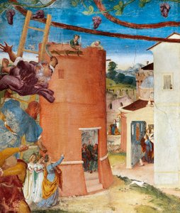St Barbara i tårnet, detalj fra Christ-Vine and Legend of Saint Barbara av Lorenzo Lotto (cirka 1480 - 1556), fresco, detalj, Villa Suardi, Capella Suardi, Trescore Balneario av Lorenzo Lotto
