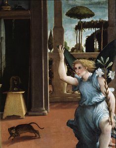 Bebudelsen, detalj av engelen av Lorenzo Lotto