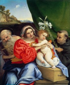 Jomfruen og barnet med de hellige Hieronymus og Nikolaus av Tolentino av Lorenzo Lotto
