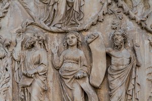 Profeter, detaljer fra Jesse-treet og messianske profetier, Stories of Genesis, basrelieffer av Lorenzo Maitani (før 1275-1330), andre søyle, fasade til Orvieto-katedralen, Umbria, Italia