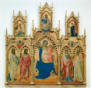 Madonna og Jesusbarnet, helgener; øverst: Bebudelse (tempera på tre)