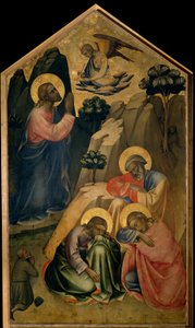 Bønn i Oljehagen Kristus i bønn ser engelen som bærer ham den hellige gral og kunngjør hans død. Apoterne til St. Peter, St. John og St. James sover. Maleri på tre av Lorenzo Monaco (ca. 1370-ca. 1423/1424) Firenze, Galler