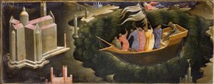 Representasjon av Saint Nicholas som beroliger Tempete Nicolas de Myra (eller Nicolas de Bari) som redder en båt fra forliset. Maleri på tre av Lorenzo Monaco (ca. 1370-ca. 1423/1424) Firenze, Galleria del 