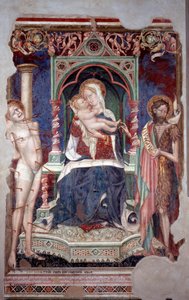 Jomfru med barn omgitt av St Sebastian og St John Baptist (Fresco av Lorenzo Salimbeni