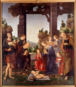 Tilbedelse av hyrdene Maleri av Lorenzo di Credi (1458-1537) 1400-tallet Sun. 2,24x1,96 m Firenze, galleria degli Uffizi (kontorer)