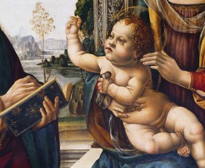 Baby Jesus, detalj fra Madonna and Child with Saints av Lorenzo di Credi