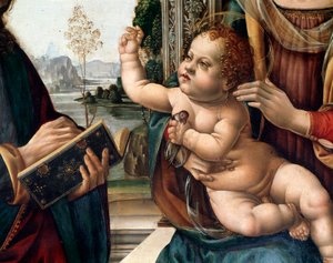Jomfru med barn og to helgener, den hellige Matteus og den hellige Hieronymus (Jomfru med barnet og to helgener, den hellige Matteus og den hellige Hieronymus) Detalj Maleri av Lorenzo di Credi (1459-1537) Firenze, kirken santo Spirito Italia av Lorenzo di Credi
